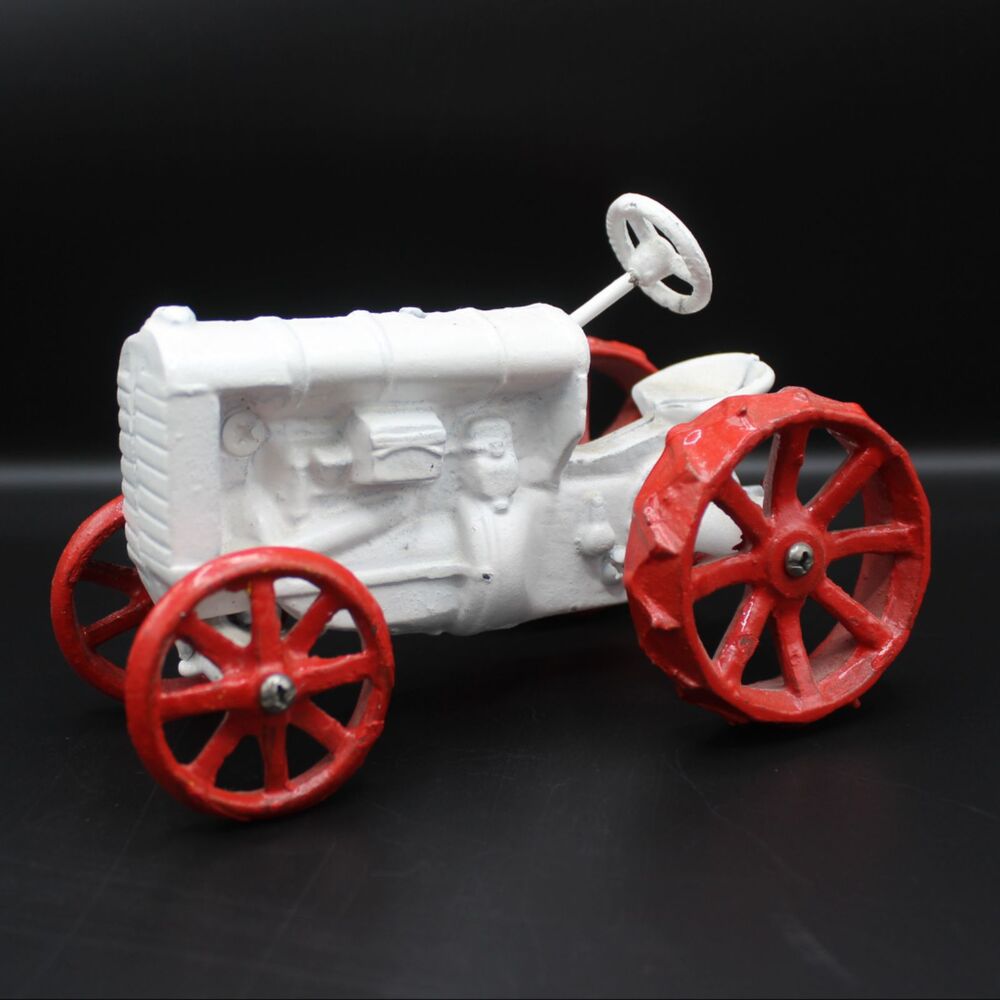 Vintage Cast Iron Toy Tractor White Red Wheels Folk Art Country Farmhouse Decor